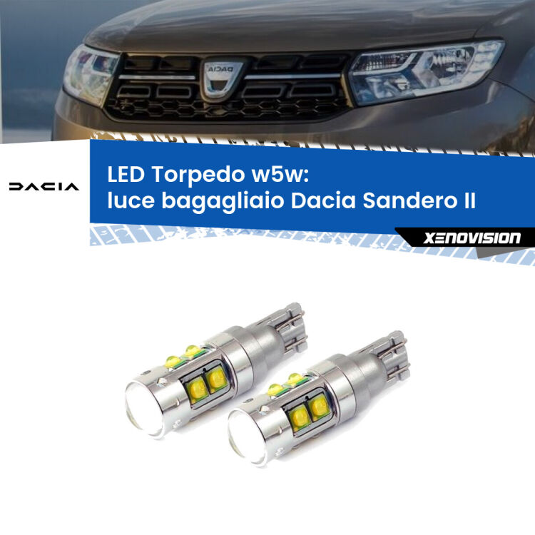 <strong>Luce Bagagliaio LED 6000k per Dacia Sandero II</strong>  2012 in poi. Lampadine <strong>W5W</strong> canbus modello Torpedo.