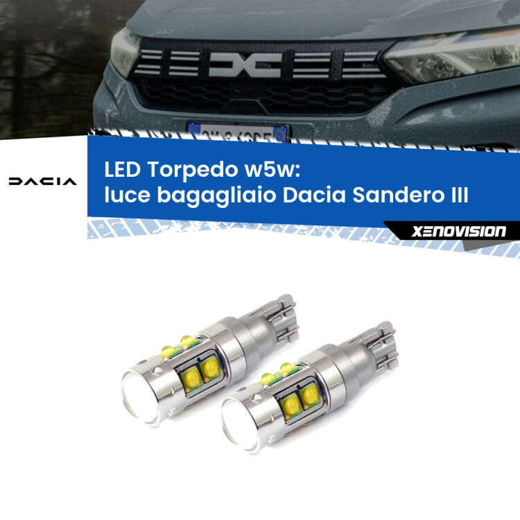 <strong>Luce Bagagliaio LED 6000k per Dacia Sandero III</strong>  2020 in poi. Lampadine <strong>W5W</strong> canbus modello Torpedo.