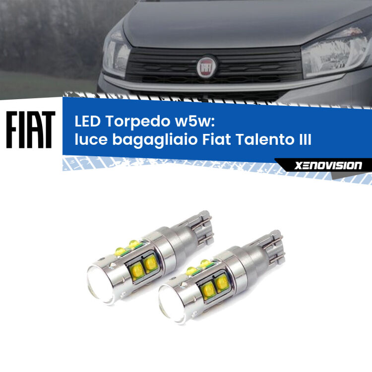 <strong>Luce Bagagliaio LED 6000k per Fiat Talento</strong> III 2016 - 2020. Lampadine <strong>W5W</strong> canbus modello Tube, luce bianco lunare, lunga durata e compatibilità.