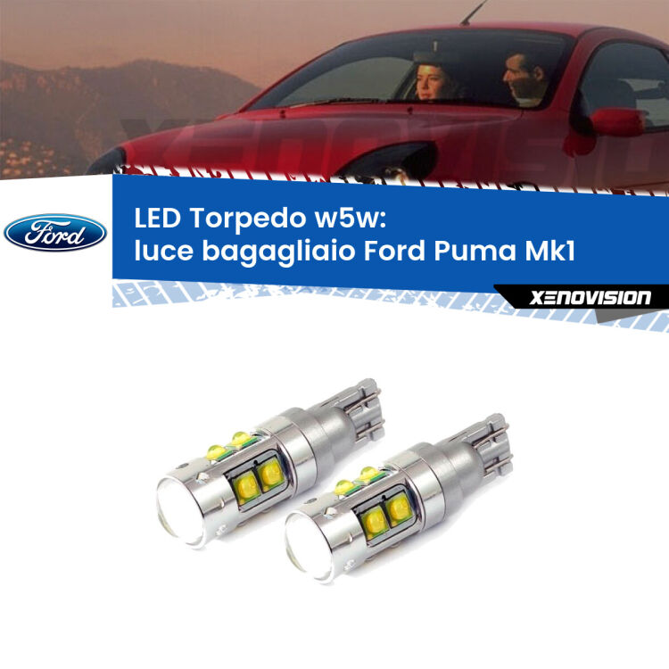 <strong>Luce Bagagliaio LED 6000k per Ford Puma</strong> Mk1 1997 - 2002. Lampadine <strong>W5W</strong> canbus modello Tube, luce bianco lunare, lunga durata e compatibilità.