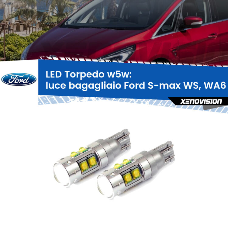 <strong>Luce Bagagliaio LED 6000k per Ford S-max</strong> WS, WA6 2006 - 2014. Lampadine <strong>W5W</strong> canbus modello Tube, luce bianco lunare, lunga durata e compatibilità.