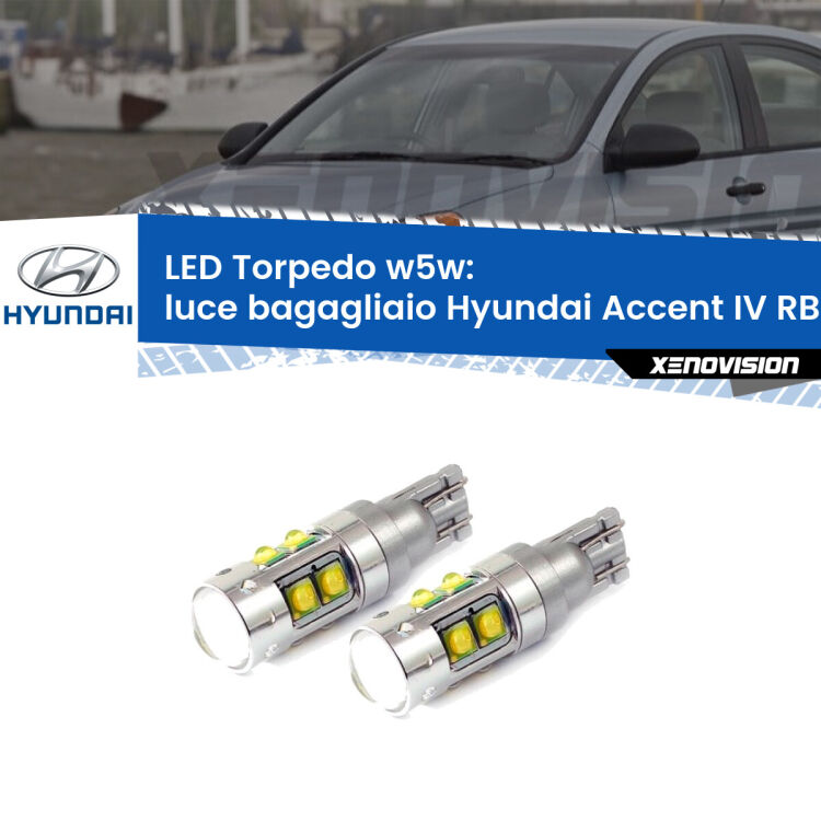 <strong>Luce Bagagliaio LED 6000k per Hyundai Accent IV</strong> RB 2010 in poi. Lampadine <strong>W5W</strong> canbus modello Tube, luce bianco lunare, lunga durata e compatibilità.