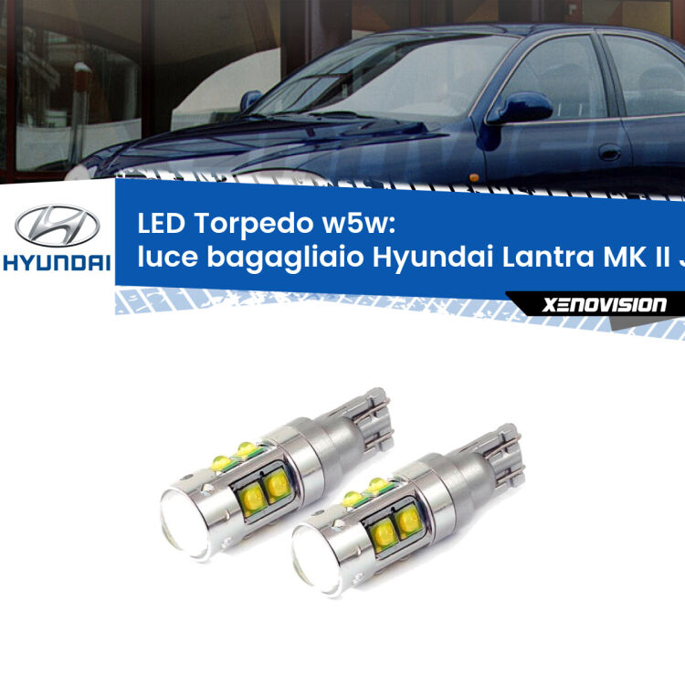 <strong>Luce Bagagliaio LED 6000k per Hyundai Lantra MK II</strong> J-2 prima serie. Lampadine <strong>W5W</strong> canbus modello Torpedo.