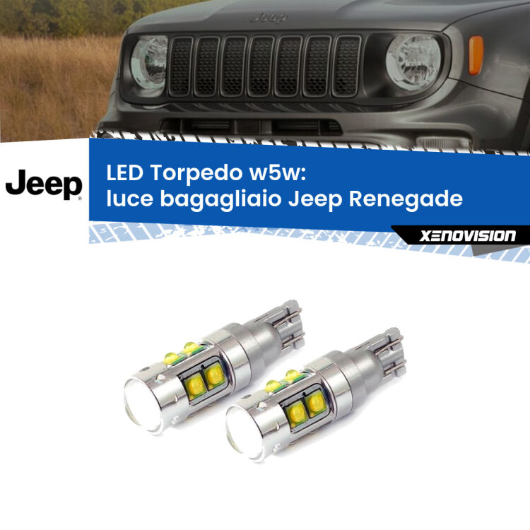 <strong>Luce Bagagliaio LED 6000k per Jeep Renegade</strong>  2014 in poi. Lampadine <strong>W5W</strong> canbus modello Tube, luce bianco lunare, lunga durata e compatibilità.