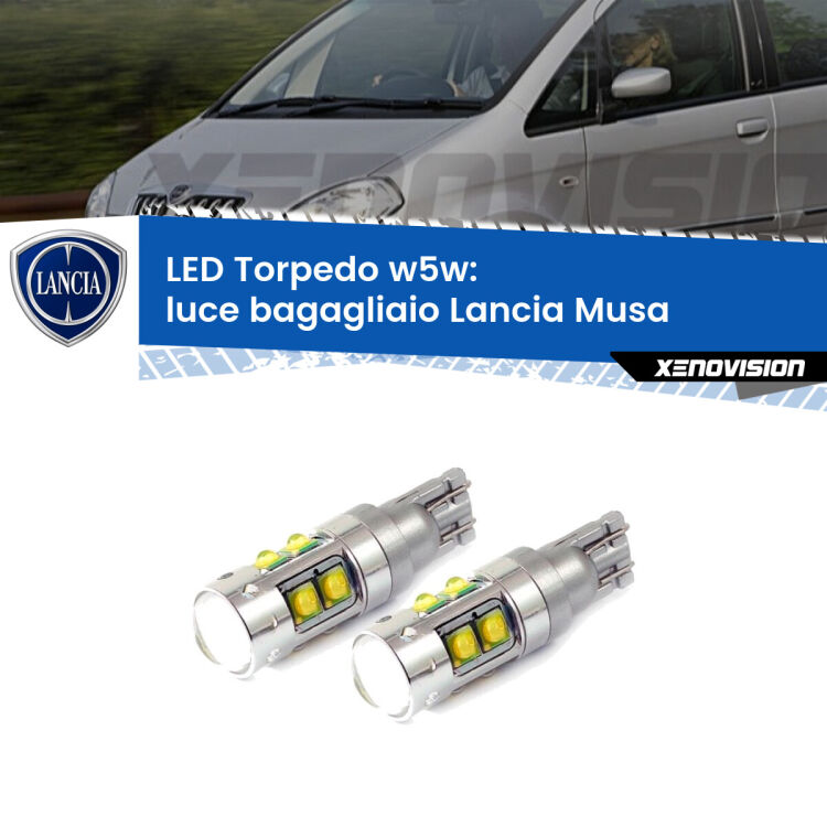 <strong>Luce Bagagliaio LED 6000k per Lancia Musa</strong>  2004 - 2012. Lampadine <strong>W5W</strong> canbus modello Tube, luce bianco lunare, lunga durata e compatibilità.