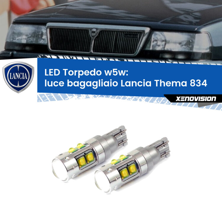 <strong>Luce Bagagliaio LED 6000k per Lancia Thema</strong> 834 1984 - 1994. Lampadine <strong>W5W</strong> canbus modello Tube, luce bianco lunare, lunga durata e compatibilità.