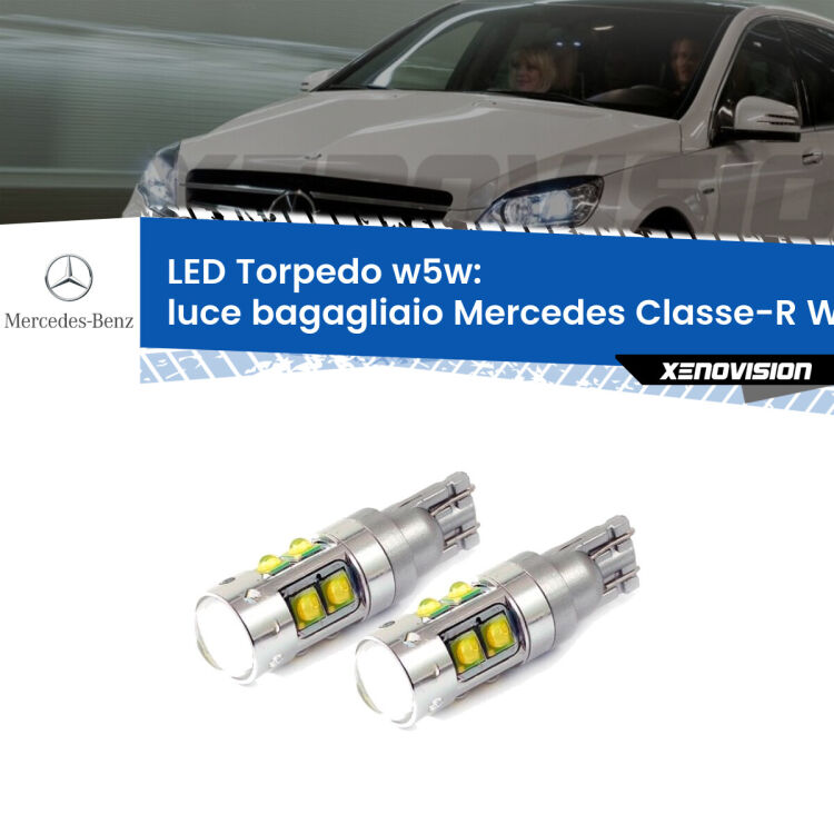 <strong>Luce Bagagliaio LED 6000k per Mercedes Classe-R</strong> W251, V251 2006 - 2014. Lampadine <strong>W5W</strong> canbus modello Tube, luce bianco lunare, lunga durata e compatibilità.