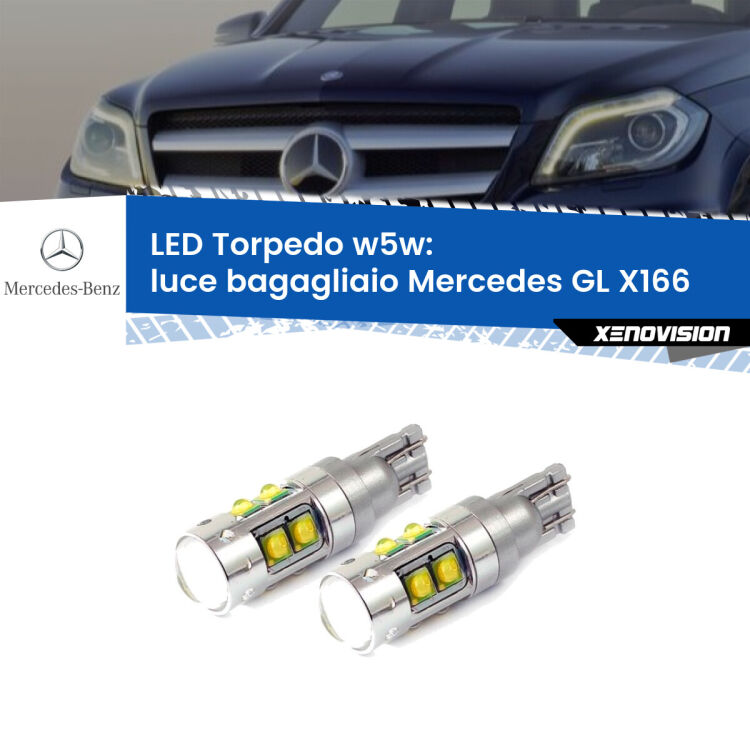 <strong>Luce Bagagliaio LED 6000k per Mercedes GL</strong> X166 Versione 2. Lampadine <strong>W5W</strong> canbus modello Tube, luce bianco lunare, lunga durata e compatibilità.