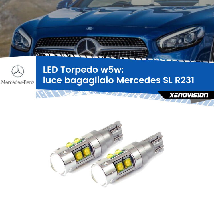 <strong>Luce Bagagliaio LED 6000k per Mercedes SL</strong> R231 2012 in poi. Lampadine <strong>W5W</strong> canbus modello Tube, luce bianco lunare, lunga durata e compatibilità.