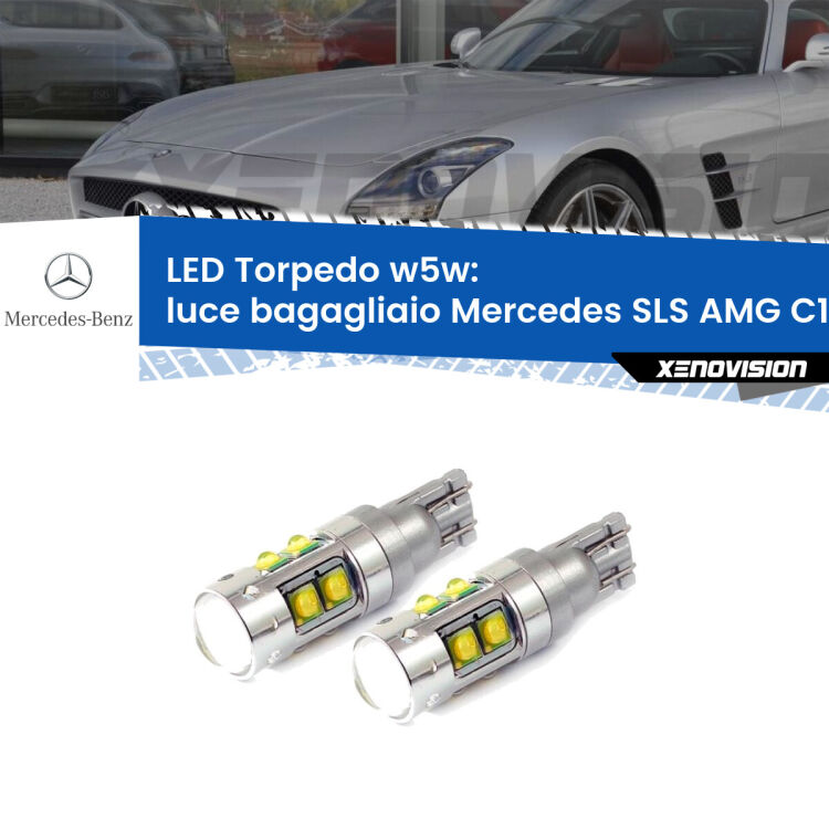 <strong>Luce Bagagliaio LED 6000k per Mercedes SLS AMG</strong> C197 2010 in poi. Lampadine <strong>W5W</strong> canbus modello Tube, luce bianco lunare, lunga durata e compatibilità.