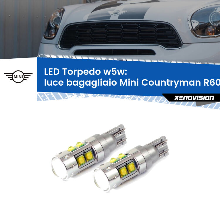 <strong>Luce Bagagliaio LED 6000k per Mini Countryman</strong> R60 2010 - 2016. Lampadine <strong>W5W</strong> canbus modello Tube, luce bianco lunare, lunga durata e compatibilità.