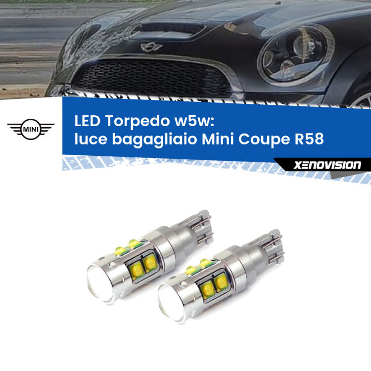 <strong>Luce Bagagliaio LED 6000k per Mini Coupe</strong> R58 2011 - 2015. Lampadine <strong>W5W</strong> canbus modello Tube, luce bianco lunare, lunga durata e compatibilità.