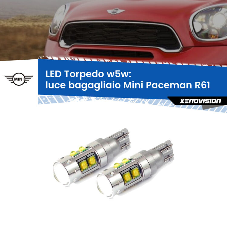 <strong>Luce Bagagliaio LED 6000k per Mini Paceman</strong> R61 2012 - 2016. Lampadine <strong>W5W</strong> canbus modello Tube, luce bianco lunare, lunga durata e compatibilità.