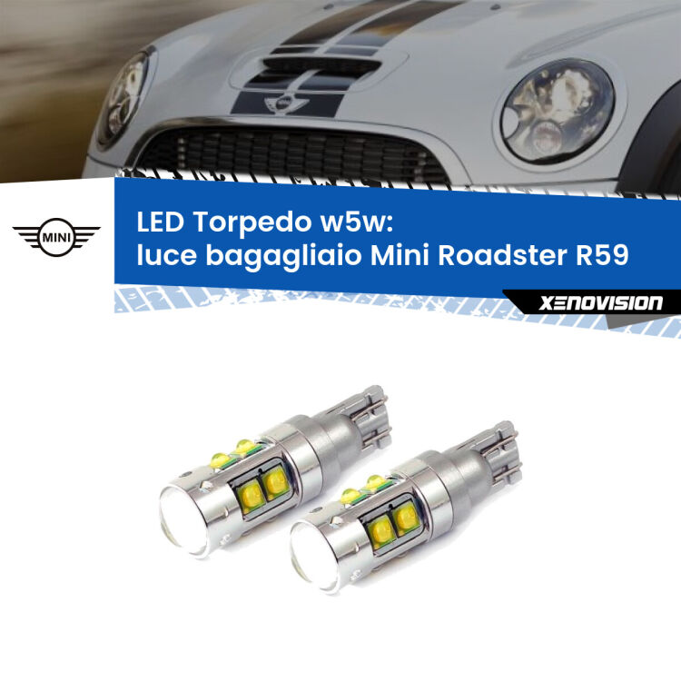 <strong>Luce Bagagliaio LED 6000k per Mini Roadster</strong> R59 2012 - 2015. Lampadine <strong>W5W</strong> canbus modello Tube, luce bianco lunare, lunga durata e compatibilità.