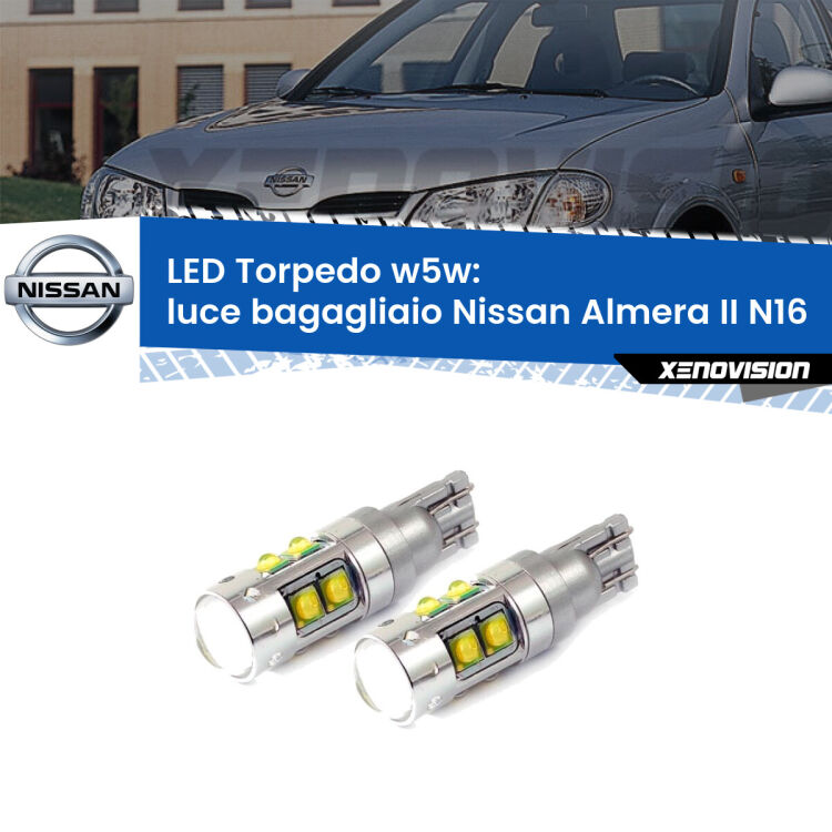 <strong>Luce Bagagliaio LED 6000k per Nissan Almera II</strong> N16 2000 - 2006. Lampadine <strong>W5W</strong> canbus modello Tube, luce bianco lunare, lunga durata e compatibilità.