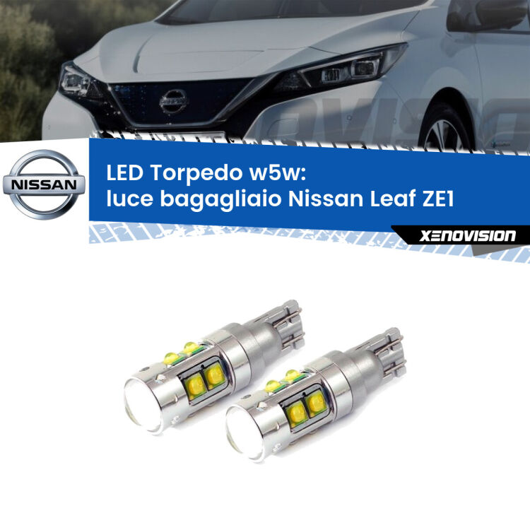 <strong>Luce Bagagliaio LED 6000k per Nissan Leaf</strong> ZE1 2017 in poi. Lampadine <strong>W5W</strong> canbus modello Tube, luce bianco lunare, lunga durata e compatibilità.