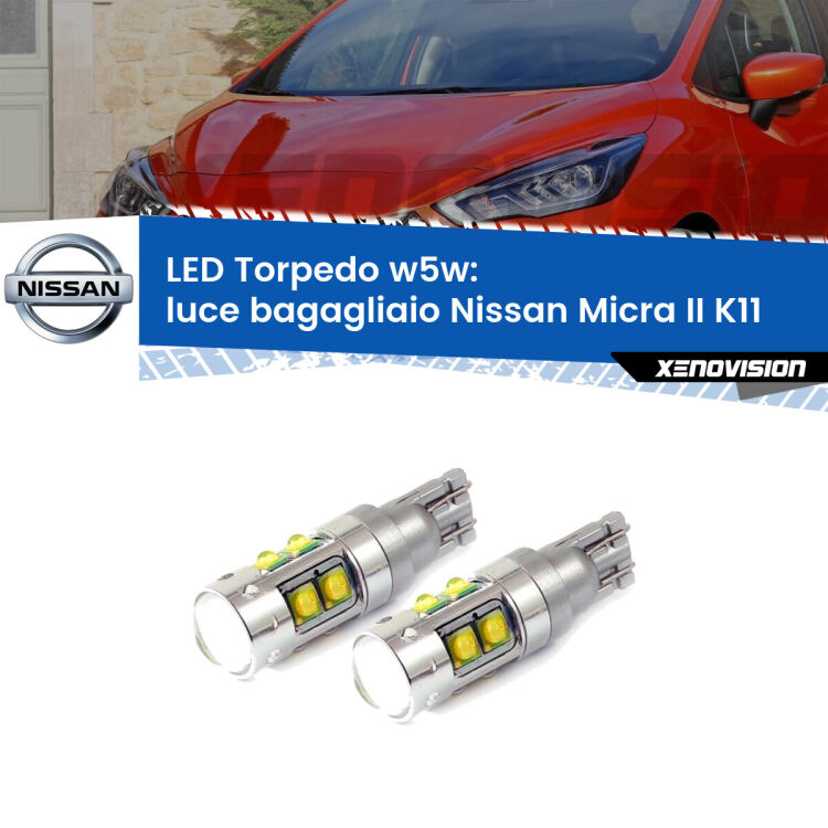 <strong>Luce Bagagliaio LED 6000k per Nissan Micra II</strong> K11 1992 - 2003. Lampadine <strong>W5W</strong> canbus modello Tube, luce bianco lunare, lunga durata e compatibilità.