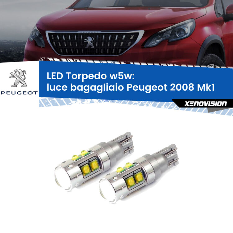 <strong>Luce Bagagliaio LED 6000k per Peugeot 2008</strong> Mk1 2013 - 2018. Lampadine <strong>W5W</strong> canbus modello Tube, luce bianco lunare, lunga durata e compatibilità.