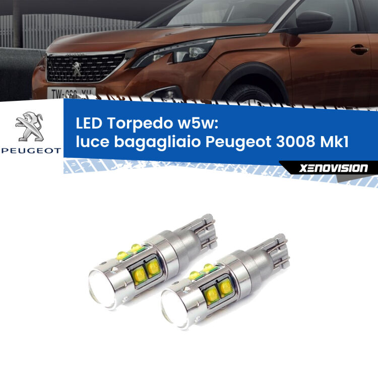 <strong>Luce Bagagliaio LED 6000k per Peugeot 3008</strong> Mk1 2008 - 2015. Lampadine <strong>W5W</strong> canbus modello Tube, luce bianco lunare, lunga durata e compatibilità.