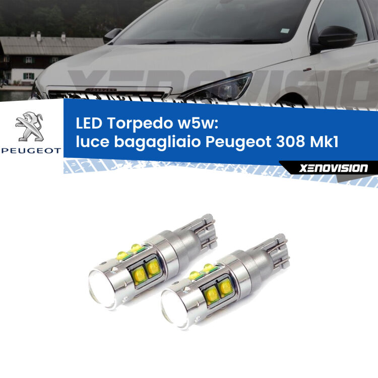 <strong>Luce Bagagliaio LED 6000k per Peugeot 308</strong> Mk1 2007 - 2012. Lampadine <strong>W5W</strong> canbus modello Tube, luce bianco lunare, lunga durata e compatibilità.