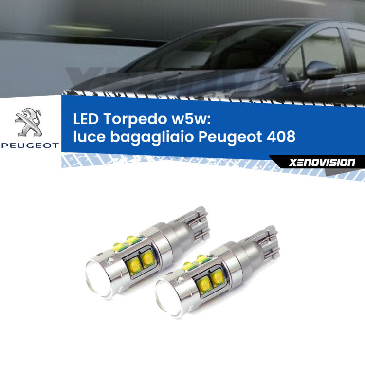 <strong>Luce Bagagliaio LED 6000k per Peugeot 408</strong>  2010 in poi. Lampadine <strong>W5W</strong> canbus modello Tube, luce bianco lunare, lunga durata e compatibilità.