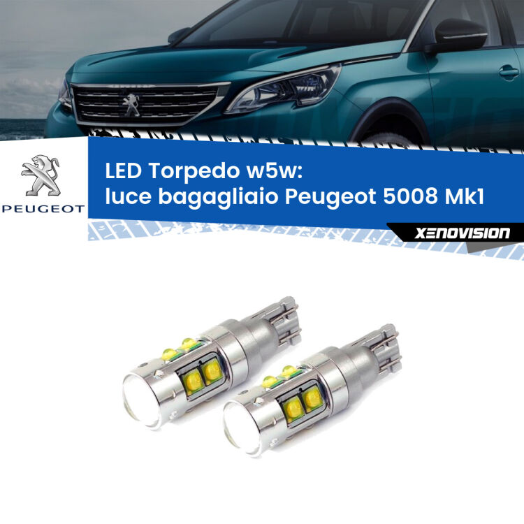 <strong>Luce Bagagliaio LED 6000k per Peugeot 5008</strong> Mk1 2009 - 2016. Lampadine <strong>W5W</strong> canbus modello Tube, luce bianco lunare, lunga durata e compatibilità.