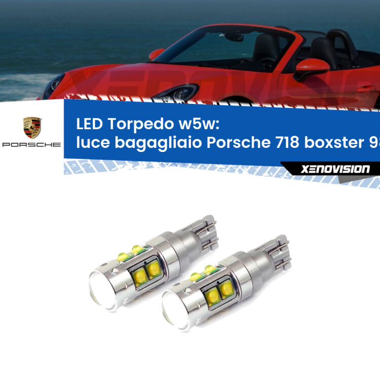 <strong>Luce Bagagliaio LED 6000k per Porsche 718 boxster</strong> 982 2016 in poi. Lampadine <strong>W5W</strong> canbus modello Tube, luce bianco lunare, lunga durata e compatibilità.