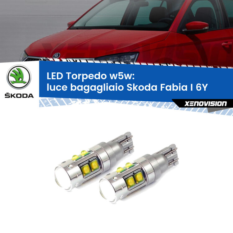 <strong>Luce Bagagliaio LED 6000k per Skoda Fabia I</strong> 6Y 2006 - 2006. Lampadine <strong>W5W</strong> canbus modello Tube, luce bianco lunare, lunga durata e compatibilità.