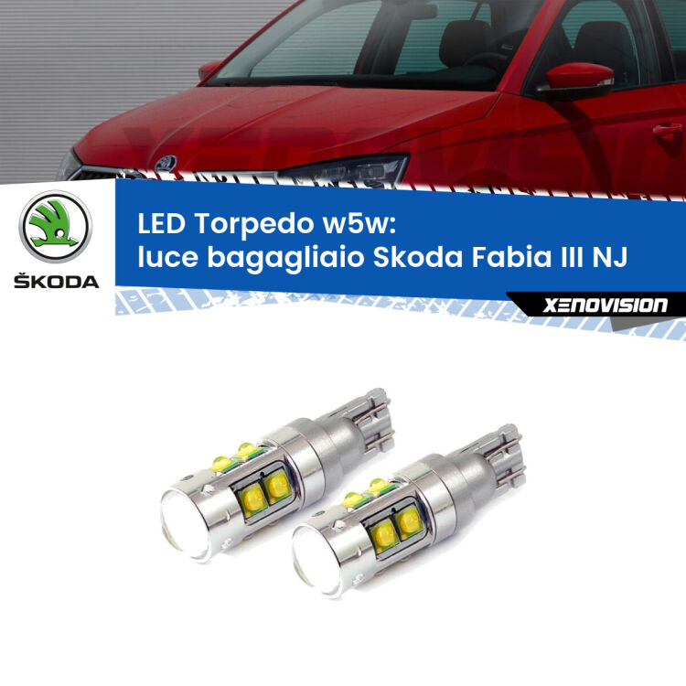 <strong>Luce Bagagliaio LED 6000k per Skoda Fabia III</strong> NJ 2014 in poi. Lampadine <strong>W5W</strong> canbus modello Tube, luce bianco lunare, lunga durata e compatibilità.