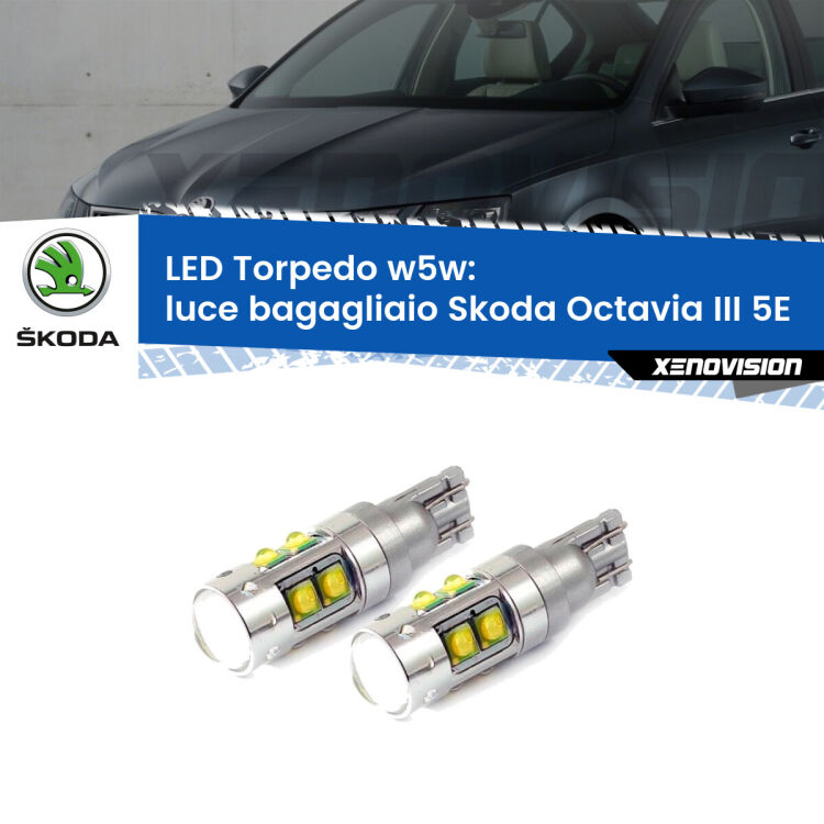 <strong>Luce Bagagliaio LED 6000k per Skoda Octavia III</strong> 5E 2012 - 2018. Lampadine <strong>W5W</strong> canbus modello Tube, luce bianco lunare, lunga durata e compatibilità.