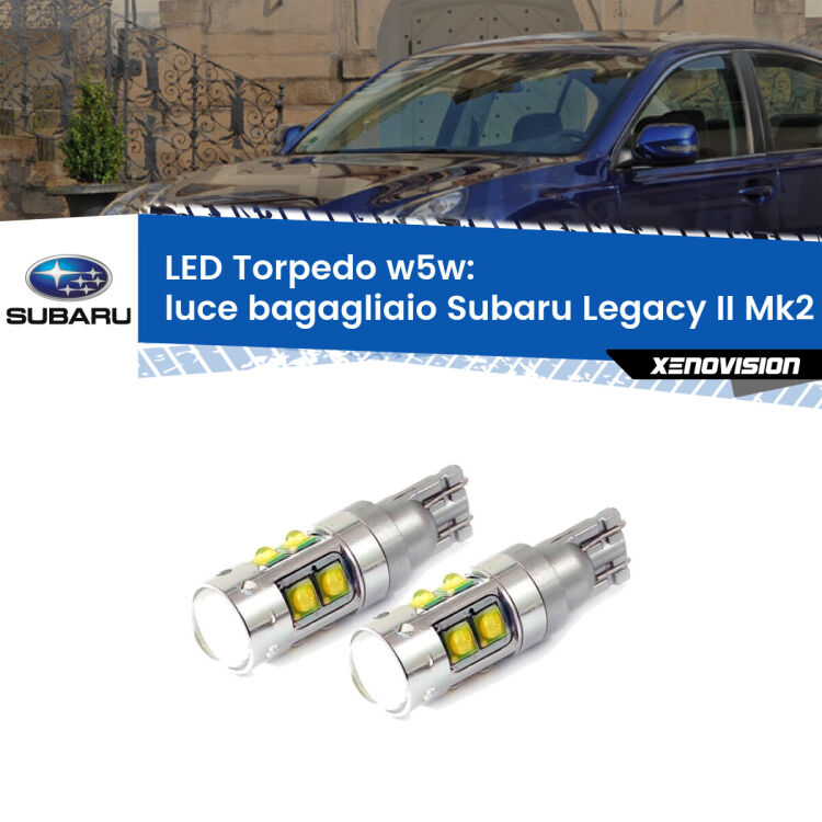 <strong>Luce Bagagliaio LED 6000k per Subaru Legacy II</strong> Mk2 1994 - 1999. Lampadine <strong>W5W</strong> canbus modello Tube, luce bianco lunare, lunga durata e compatibilità.