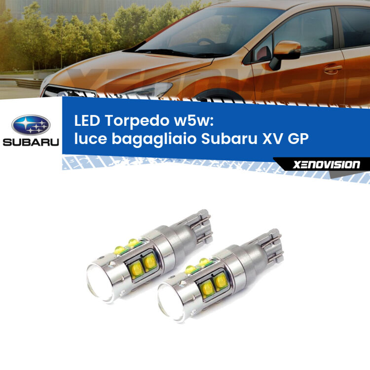 <strong>Luce Bagagliaio LED 6000k per Subaru XV</strong> GP 2012 - 2016. Lampadine <strong>W5W</strong> canbus modello Tube, luce bianco lunare, lunga durata e compatibilità.