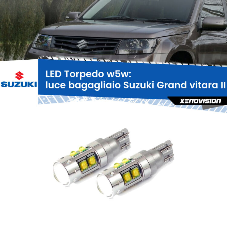 <strong>Luce Bagagliaio LED 6000k per Suzuki Grand vitara II</strong> JT, TE, TD 2005 - 2015. Lampadine <strong>W5W</strong> canbus modello Tube, luce bianco lunare, lunga durata e compatibilità.