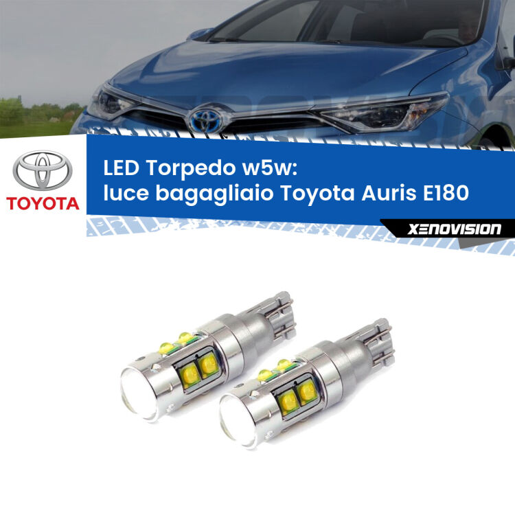 <strong>Luce Bagagliaio LED 6000k per Toyota Auris</strong> E180 2012 - 2018. Lampadine <strong>W5W</strong> canbus modello Tube, luce bianco lunare, lunga durata e compatibilità.