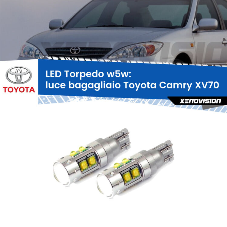 <strong>Luce Bagagliaio LED 6000k per Toyota Camry</strong> XV70 2017 in poi. Lampadine <strong>W5W</strong> canbus modello Tube, luce bianco lunare, lunga durata e compatibilità.