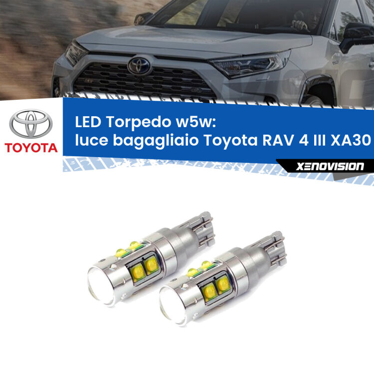 <strong>Luce Bagagliaio LED 6000k per Toyota RAV 4 III</strong> XA30 2005 - 2014. Lampadine <strong>W5W</strong> canbus modello Tube, luce bianco lunare, lunga durata e compatibilità.