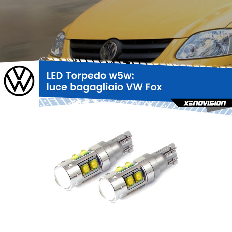 <strong>Luce Bagagliaio LED 6000k per VW Fox</strong>  2003 - 2014. Lampadine <strong>W5W</strong> canbus modello Tube, luce bianco lunare, lunga durata e compatibilità.