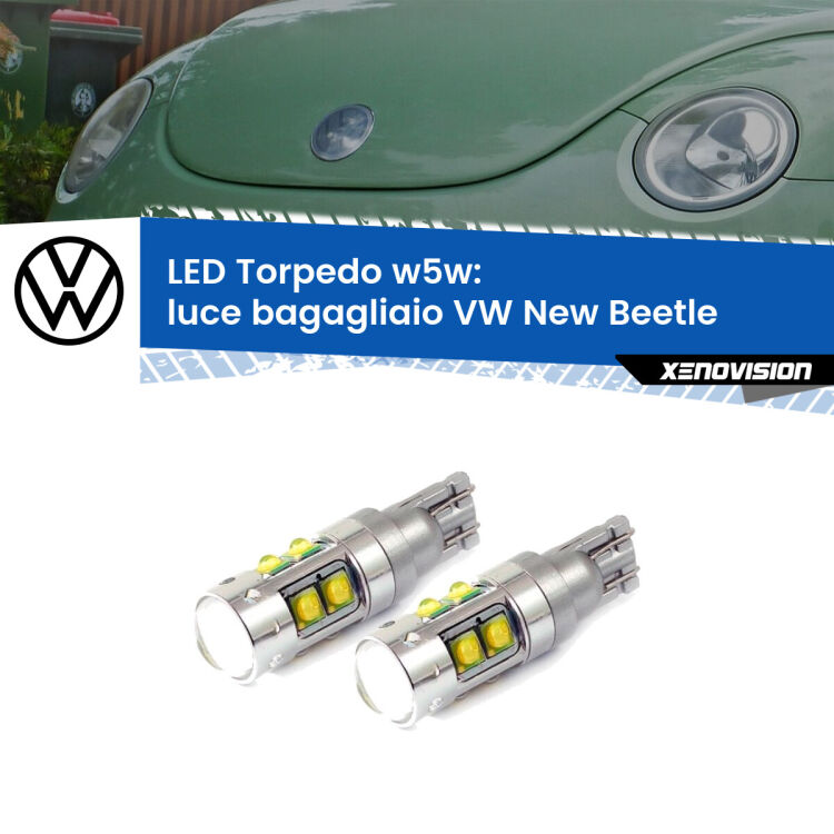 <strong>Luce Bagagliaio LED 6000k per VW New Beetle</strong>  1998 - 2010. Lampadine <strong>W5W</strong> canbus modello Tube, luce bianco lunare, lunga durata e compatibilità.