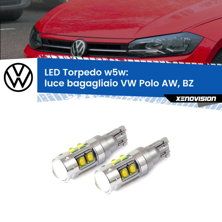 <strong>Luce Bagagliaio LED 6000k per VW Polo</strong> AW, BZ 2017 in poi. Lampadine <strong>W5W</strong> canbus modello Tube, luce bianco lunare, lunga durata e compatibilità.