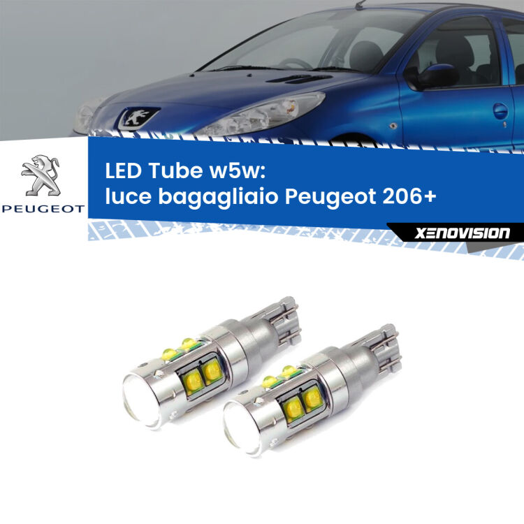 <strong>Luce Bagagliaio LED 6000k per Peugeot 206+</strong>  2009 - 2013. Lampadine <strong>W5W</strong> canbus modello Tube, luce bianco lunare, lunga durata e compatibilità.