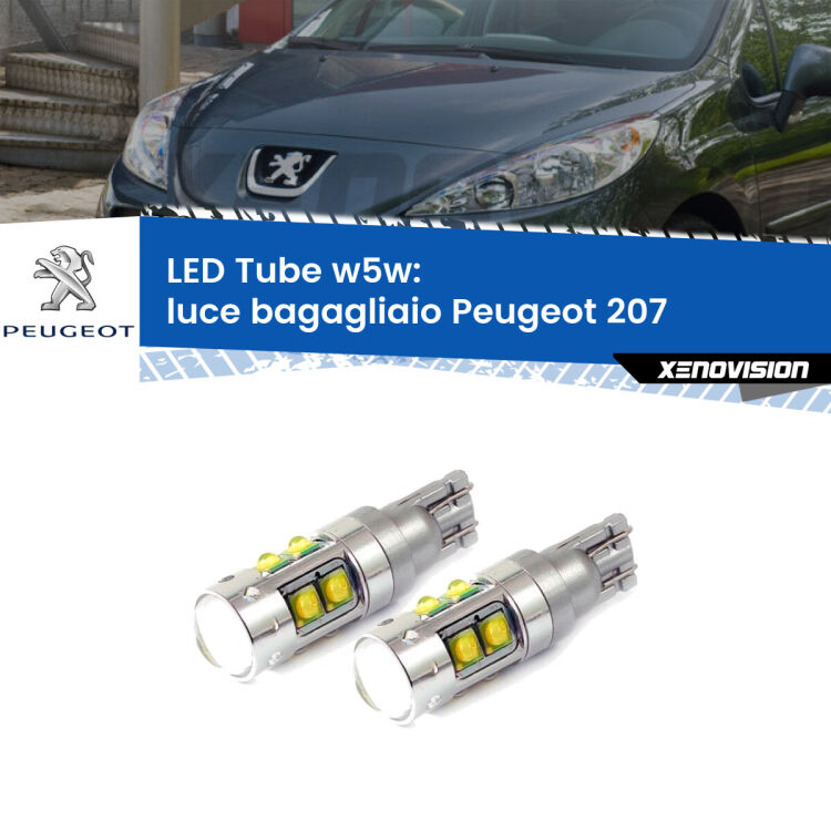 <strong>Luce Bagagliaio LED 6000k per Peugeot 207</strong>  2006 - 2015. Lampadine <strong>W5W</strong> canbus modello Tube, luce bianco lunare, lunga durata e compatibilità.