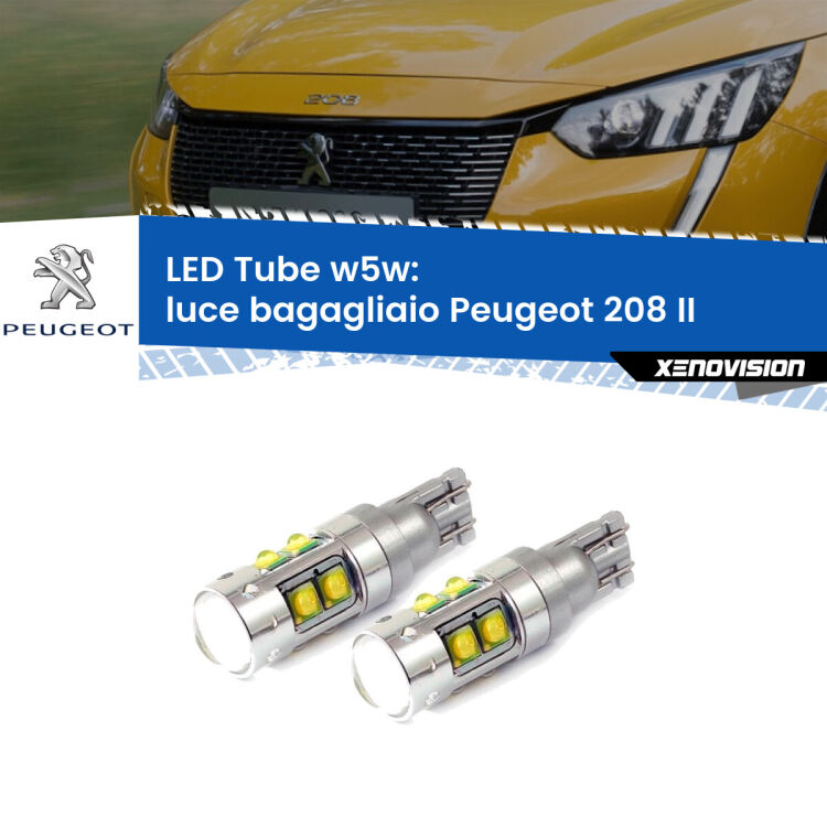 <strong>Luce Bagagliaio LED 6000k per Peugeot 208</strong> II 2019 in poi. Lampadine <strong>W5W</strong> canbus modello Tube, luce bianco lunare, lunga durata e compatibilità.