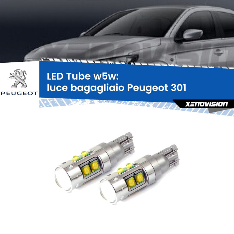 <strong>Luce Bagagliaio LED 6000k per Peugeot 301</strong>  2012 - 2017. Lampadine <strong>W5W</strong> canbus modello Tube, luce bianco lunare, lunga durata e compatibilità.