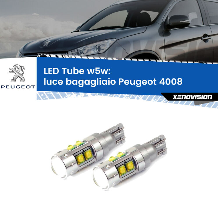 <strong>Luce Bagagliaio LED 6000k per Peugeot 4008</strong>  2012 in poi. Lampadine <strong>W5W</strong> canbus modello Tube, luce bianco lunare, lunga durata e compatibilità.