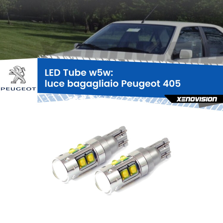 <strong>Luce Bagagliaio LED 6000k per Peugeot 405</strong>  1987 - 1997. Lampadine <strong>W5W</strong> canbus modello Tube, luce bianco lunare, lunga durata e compatibilità.