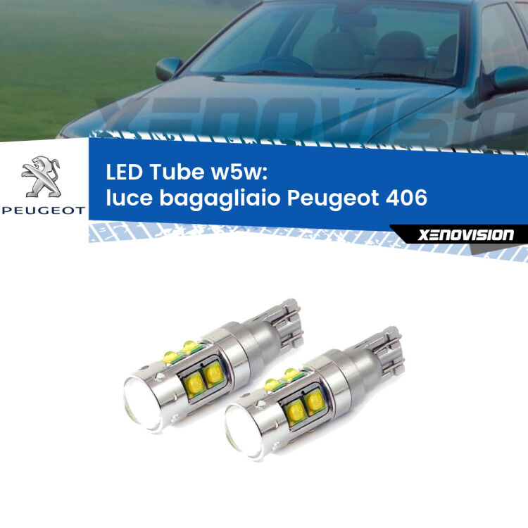 <strong>Luce Bagagliaio LED 6000k per Peugeot 406</strong>  1995 - 2004. Lampadine <strong>W5W</strong> canbus modello Tube, luce bianco lunare, lunga durata e compatibilità.