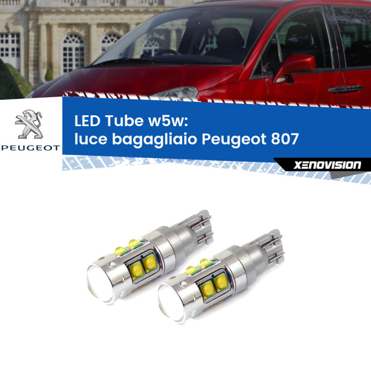 <strong>Luce Bagagliaio LED 6000k per Peugeot 807</strong>  2002 - 2010. Lampadine <strong>W5W</strong> canbus modello Tube, luce bianco lunare, lunga durata e compatibilità.