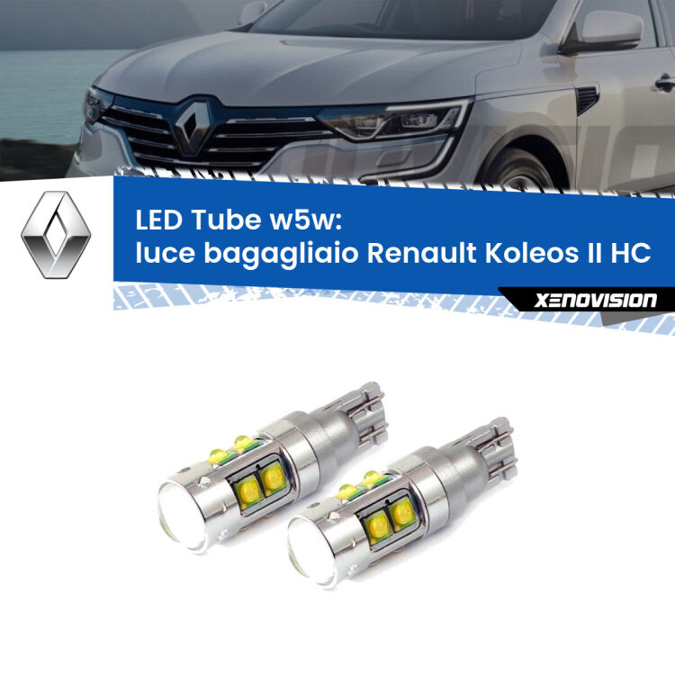 <strong>Luce Bagagliaio LED 6000k per Renault Koleos II</strong> HC 2016 in poi. Lampadine <strong>W5W</strong> canbus modello Tube, luce bianco lunare, lunga durata e compatibilità.