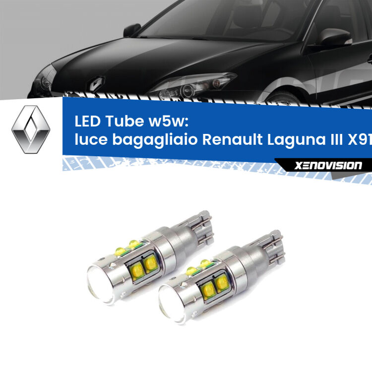 <strong>Luce Bagagliaio LED 6000k per Renault Laguna III</strong> X91 2007 - 2015. Lampadine <strong>W5W</strong> canbus modello Tube, luce bianco lunare, lunga durata e compatibilità.