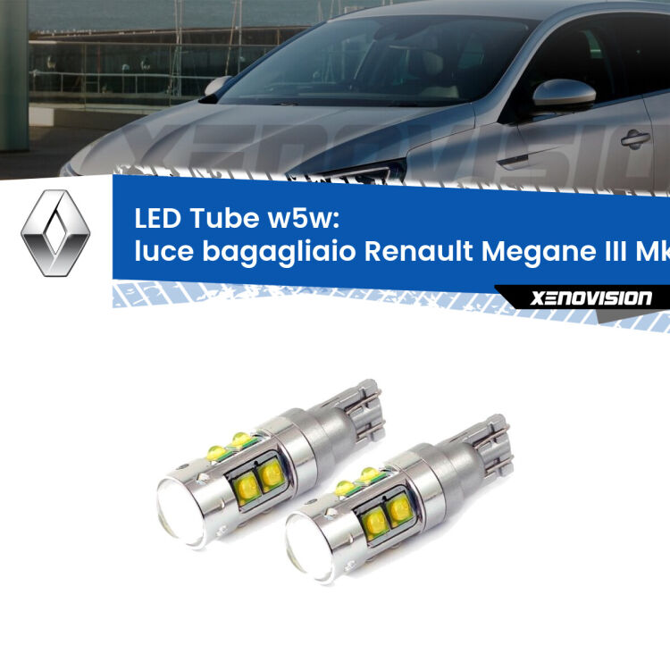 <strong>Luce Bagagliaio LED 6000k per Renault Megane III</strong> Mk3 2008 - 2015. Lampadine <strong>W5W</strong> canbus modello Tube, luce bianco lunare, lunga durata e compatibilità.